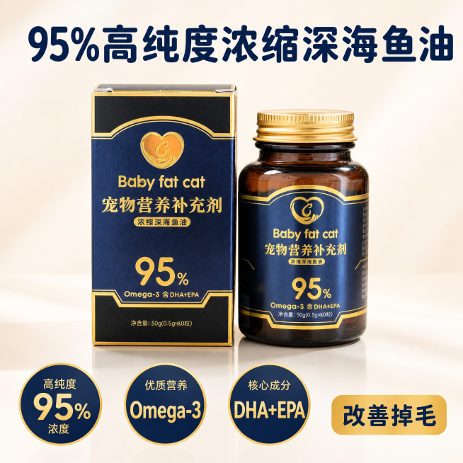 [主图-2] 核心卖点 95%高纯度浓缩深海鱼油。[氛围风格] 专业简洁宠物保健风；[画质] 商业摄影质感、光线柔和通透、产品清晰真实、画面干净高级。[元素] 产品Baby fat cat pet n预览效果