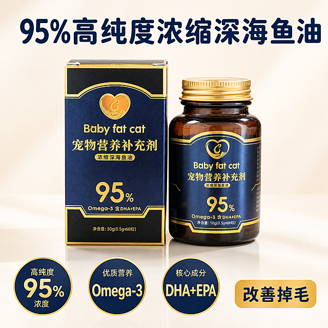 [主图-2] 核心卖点 95%高纯度浓缩深海鱼油。[氛围风格] 专业简洁宠物保健风；[画质] 商业摄影质感、光线柔和通透、产品清晰真实、画面干净高级。[元素] 产品Baby fat cat pet nutritional supplement居中放置，产品下方三个圆形图标分别标注「95%浓度」「Omega-3」「DHA+EPA」，保持产品外观（即物理结构、材质质感、颜色）与输入产品图绝对一致，杜绝任何变形和色差，精细化处理。商品主体占比严格控制在70%左右，画面满屏无边框。[光影] 均匀柔和棚拍灯光，高光清透阴影柔和，产品立体感强，深蓝色标签和金色文字层次分明。[配色] 深蓝底搭配金色文字和图标，主色调深蓝+金色，背景浅米白简约干净。[视角构图] 平视中心构图，产品完整无裁切。[文字版式] 顶部主标题「95%高纯度浓缩深海鱼油」，深蓝色大字加粗圆润字体；环绕产品三个卖点图标，每个图标上方小字说明，下方大字核心数据；右下角放大展示核心卖点「改善掉毛」金色圆角标签。文字大小对比层次清晰，不遮挡产品主体。[比例分辨率] 1:1比例，2k分辨率；文字清晰锐利，画面超高清。[负向提示词] 变形，水印，文字错乱，产品图模糊，背景杂乱