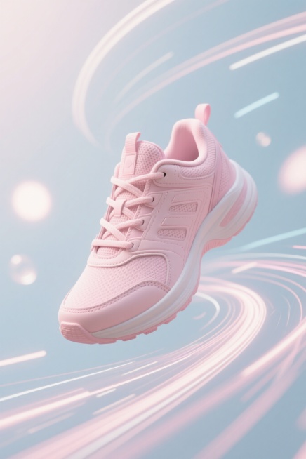 一张粉色运动鞋海报，主体为浅粉色运动鞋，鞋身悬空，周围有运动元素如动感线条、速度轨迹、运动光斑，背景简洁明亮，突出鞋子的时尚与活力感预览效果