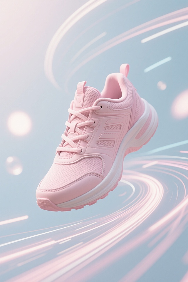 粉色跑鞋，梦幻软3D风，甜美线条环绕，营造轻盈动感氛围。