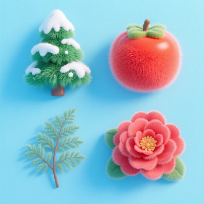 4个冬季植物元素，分别是雪杉、柿子、文竹、茶花。上下两行对齐排列，浅蓝色纯色背景。预览效果