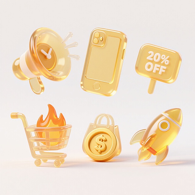 9个Q版图标（元素独立区域）：喇叭，闹钟，手机，购物推车，火焰，购物袋，金币，标记“20% OFF”的牌子，火箭，金色系，白色背景