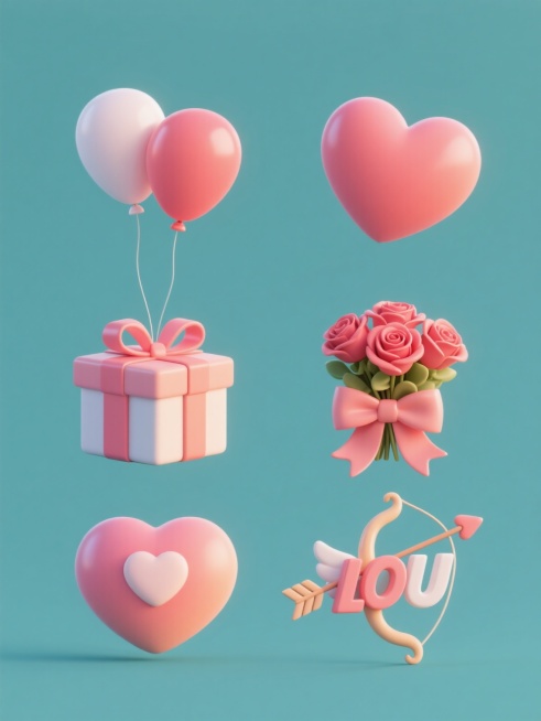 6个不同样式、不同配色、不同风格的情人节主题元素，包括爱心气球、爱心礼盒、玫瑰花束、丝带蝴蝶结、丘比特之箭、浪漫字母组合，每个元素独立呈现，采用纯色背景，元素排列整齐有序，保持3D立体质感，柔和渐变色彩，高光阴影细节丰富，整体风格统一为温馨浪漫的情人节氛围。预览效果