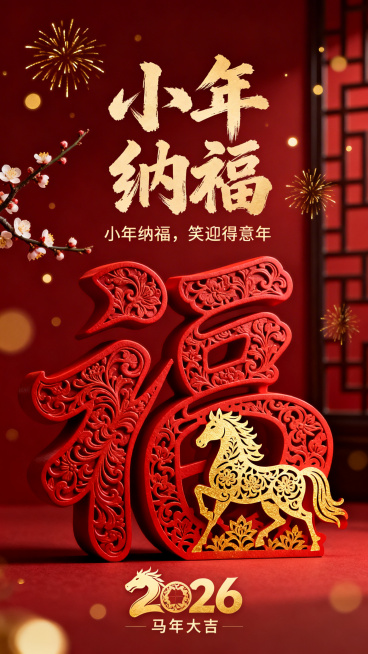 张以2026 年马年小年为主题的竖版数字海报，整体采用高端的红金配色，融合了传统民俗与现代设计感，以下是详细解析：一、核心主题与时间背景主题文字：画面视觉中心是苍劲有力的书法大字 “小年纳福”，直预览效果