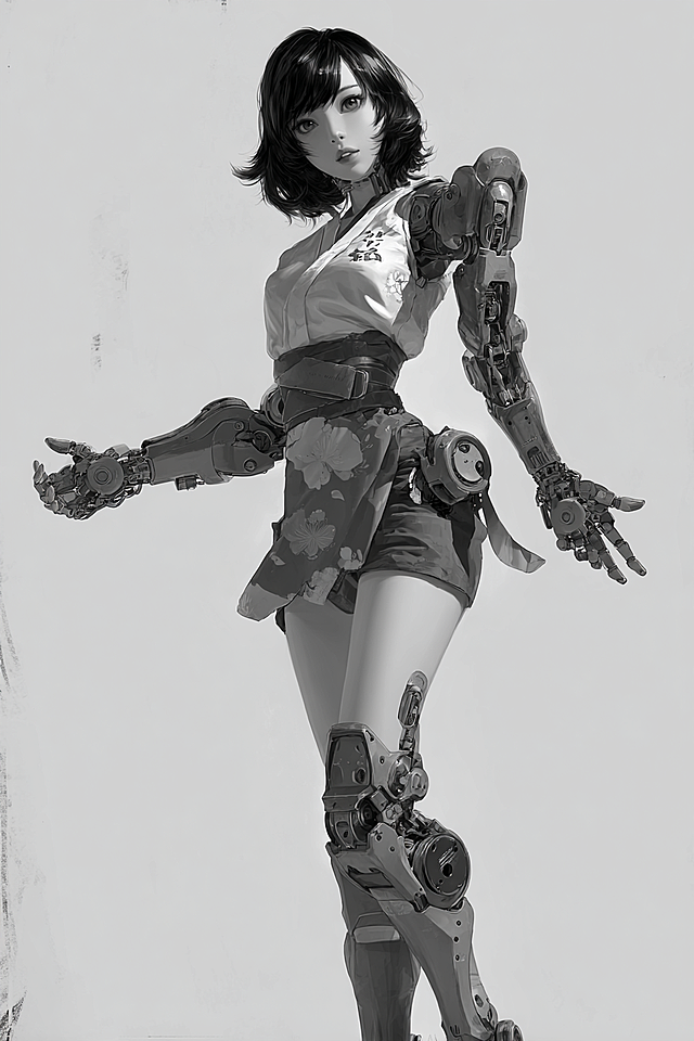 Concept art of a beautiful anime girl with an exquisite face, large detailed eyes. She has mechanical robotic arms and legs, but her torso remains human and attractive with soft skin texture. Extreme hourglass figure, slim waist, wide hips. Body proportion is stylized with very long legs (3:7 body ratio). Wearing a modified kimono top. Dynamic pose, white background, masterpiece, high detail, 8k resolution --ar 2:3 --style raw --niji 6
