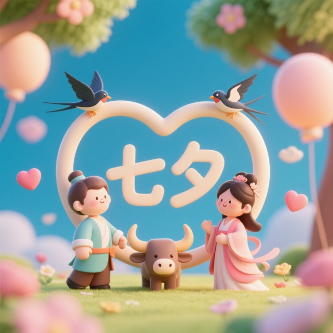 横版浅色的“七夕”二字，被喜鹊和牛郎织女环绕，浪漫氛围，柔和色调预览效果