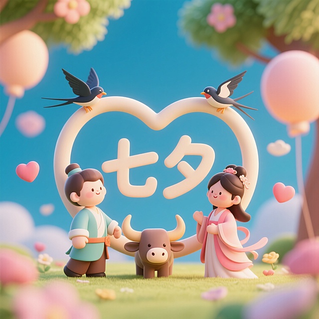 七夕梦幻3D卡通，拟人牛郎织女与牛，超现实爱心背景。