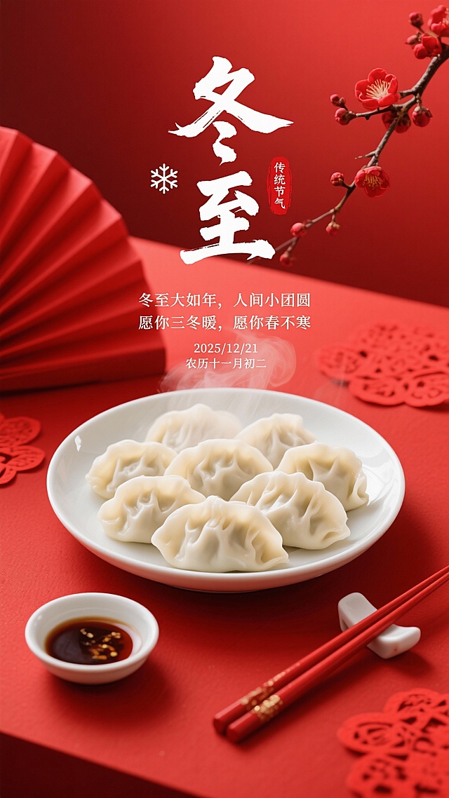 生成4张冬至海报，比例9:16。采用近景聚焦 + 喜庆国风的视角：画面主体是白瓷圆盘，盛着褶皱纹理清晰的白色饺子，冒着朦胧白汽，碗旁配同色红瓷筷子与小碟蘸料；背景元素：正红色渐变底色，左边红色桌面点缀展开的红色折扇，右上角延伸出一枝红色梅花，红色桌面散落着幅、红色剪纸花纹；文字布局：画面中上部是白色毛笔书法 “冬至”（笔触洒脱有力），旁侧嵌白色雪花图标与朱红 “传统节气” 印章；书法下方是白色文字 “冬至大如年，人间小团圆 愿你三冬暖，愿你春不寒”；底部标注 “2025/12/21 农历十一月初二”；整体风格：浓艳喜庆的国风写实风，色调以正红、金、白为主，光线是柔和的暖光（突出饺子的温润质感与白汽的朦胧氛围），细节需呈现：瓷碗的釉面光泽、饺子的肌理、白汽的缥缈层次、雪花装饰的镂空纹理，8K 分辨率，氛围是冬至的暖情团圆感，兼具传统节日的喜庆与温柔祈愿的质感。