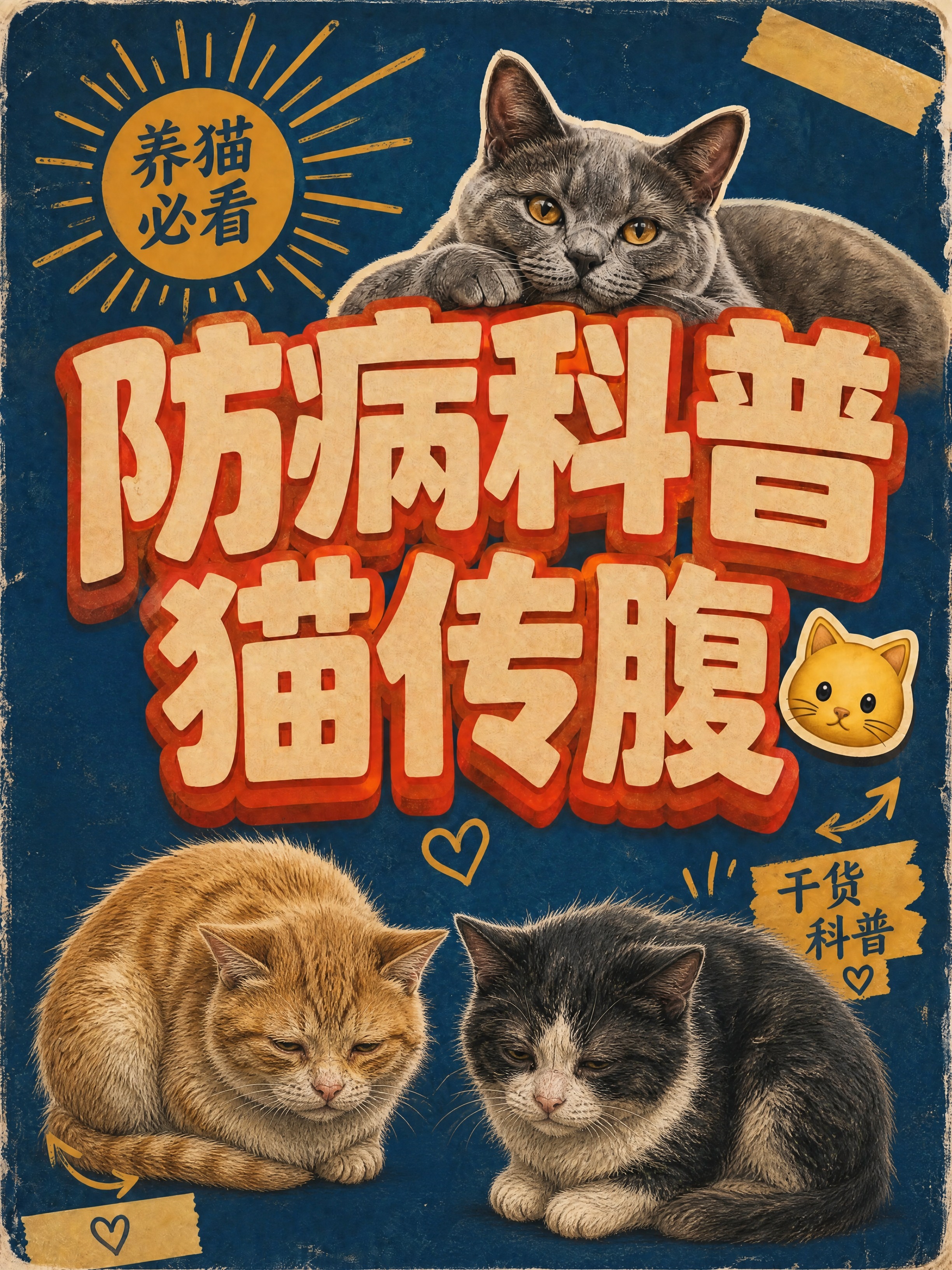 在保持整体复古美式海报风格、藏蓝色背景、主标题「防病科普猫传腹… - 图片创意预览