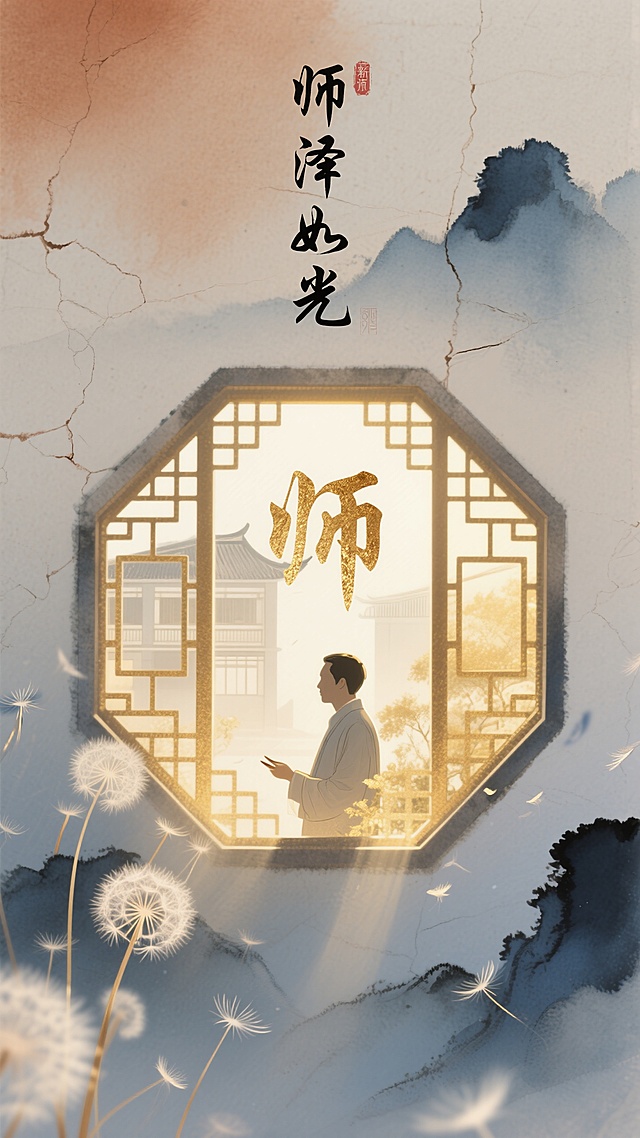 水墨风插画，古典中式窗格映衬师者身影，大字“师”显文艺气息，致敬教师节。