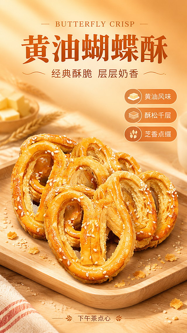 为黄油风味蝴蝶酥制作一张竖版商品营销海报，写实商业摄影风格，烘焙暖调食欲感。画面主体为蝴蝶酥糕点，100%还原上传商品图的产品外形、色泽、芝麻点缀、酥层纹理与蝴蝶造型，以上传图为唯一商品主体来源，完整保留原图中的金黄酥脆质感、白芝麻颗粒、千层酥结构与整体形态，商品主体占比约55%~65%，位于画面中下部，呈45°斜视角微俯拍，放置在浅木色托盘上，旁边散落少量酥皮碎屑与白芝麻点缀。背景为暖橙色到米白色的柔和渐变，顶部有柔和自然光从侧前方洒下，形成温暖柔和的阴影，营造烘焙店午后温馨氛围。画面上方为标题区，主标题大字醒目："黄油蝴蝶酥"，副标题："经典酥脆 层层奶香"，英文装饰小字："BUTTERFLY CRISP"。画面右侧或下方分布3个圆角卖点标签，分别为："黄油风味"、"酥松千层"、"芝香点缀"。底部有小字场景标签："下午茶点心"。整体版式精美，层级分明，文字不遮挡产品主体，四周留有安全边距，暖色调配色，食欲感强，商业摄影质感，超高清2K分辨率。画面中所有信息区域必须填充完整合理的内容，不得出现空白框或占位区域。
