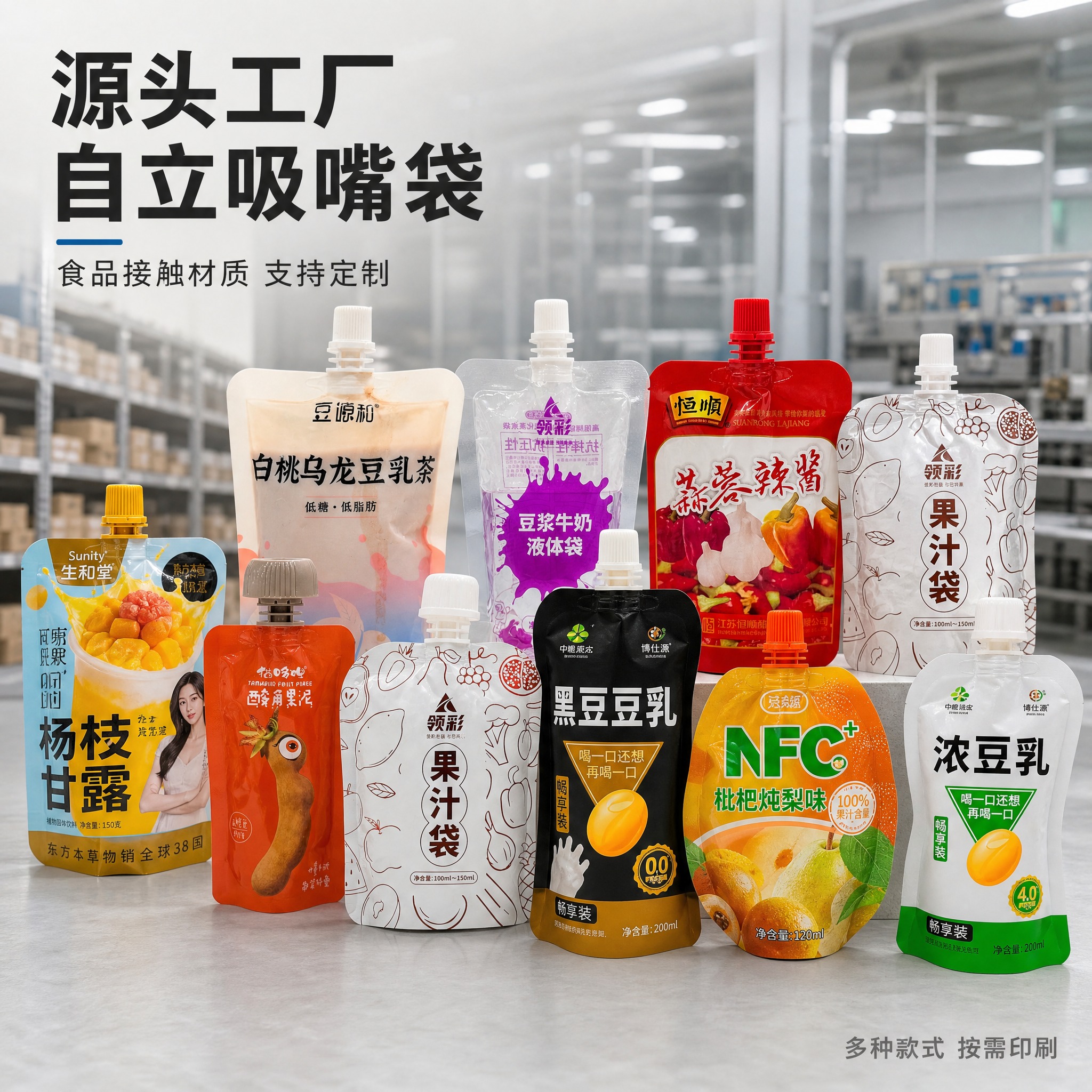 [主图-1] 主题：源头工厂自立吸嘴袋多款式展示，突出工厂用袋… - 图片创意预览