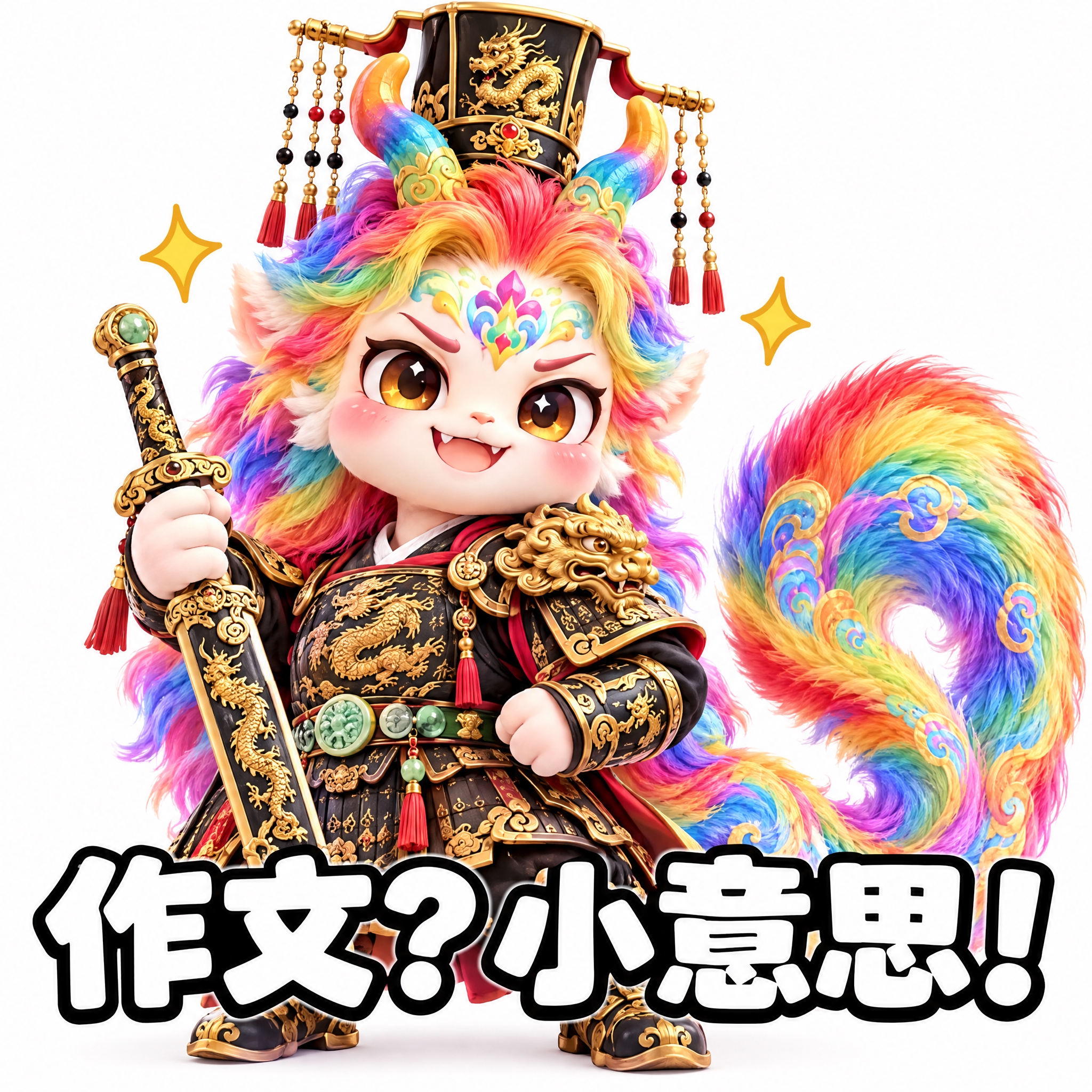 参考图中的彩虹鬃毛龙形神兽（穿黑色金龙铠甲、持剑、帝王冠），做… - 图片创意预览