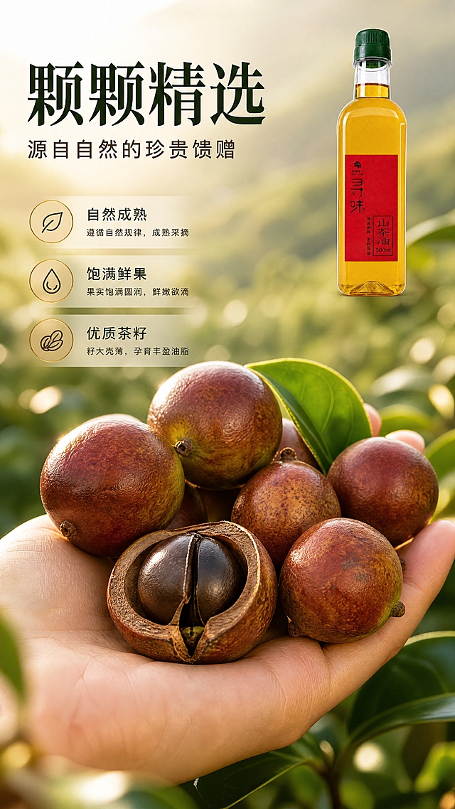 [商品] 本页为原料特写专页，以原料为主，产品图置于右上角辅助展示（约占画面20%）；使用【图1】寻味山茶油，保留瓶身结构、金黄色油液、红色标签及全部文字，清晰可辨。
[画面] 原料特写——颗颗精选，微距摄影特写占画面主体约65%；一只手掌捧着新鲜采摘的山茶果，果实饱满圆润呈红褐色，旁边一颗剥开的山茶果露出乌黑油亮的茶籽；背景虚化为绿色茶园，自然阳光照射，突出原料的鲜嫩与天然；浅景深，商业静物摄影，超高清晰度。
[视觉] 套系策略：风格=温暖高级自然商业摄影；标题字=宋体衬线粗体；正文字=简洁无衬线体；主色=金绿色；背景延展=基于金绿色做深浅层级、晨雾渐变和自然植物质感；强调色=暖金色，仅用于小面积图标、引线和标签；标题色=深墨绿；正文色=暖棕灰；组件=细线引线、圆角浅金信息卡；光影=自然顶侧柔光，突出果实质感和光泽。
[文字] 左上或底部留白放主标题（8字内）、副标题（10字内）和3个原料特点，文字横向排版，不遮挡手掌和果实主体。
[规格] 图片比例9:16竖版，4K超清，避免变形、错字、文字过小、果实颜色失真、产品标签错乱。