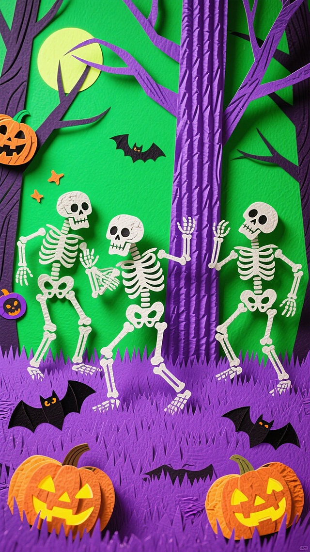 万圣节的几只骷髅在树下跳舞，点缀其他万圣节元素，紫色草坪，荧光绿色天空