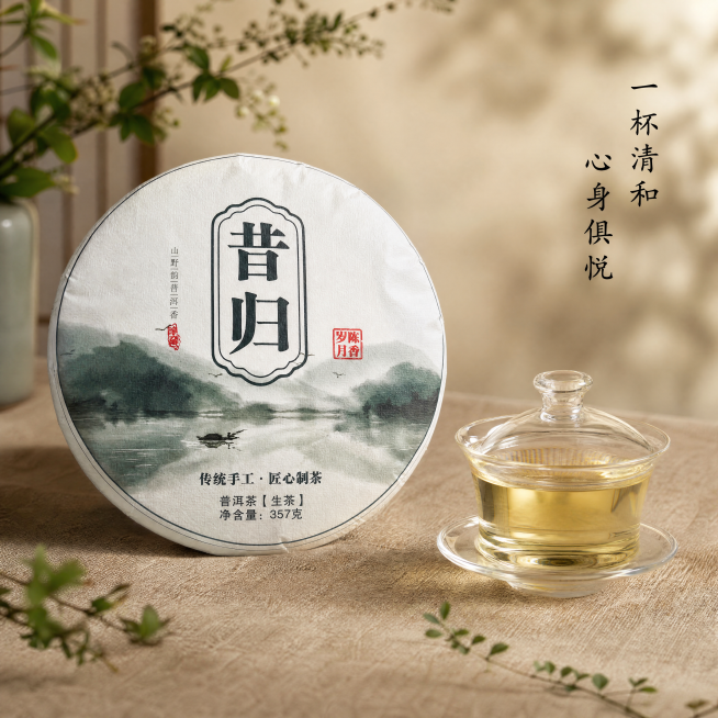 [主图-4] 冲泡体验场景展示。[氛围风格] 宁静雅致茶文化氛围，自然生活质感。[画质] 商业摄影质感，光线柔和通透，产品清晰真实，画面干净高级。[元素] 昔归普洱茶饼放置在画面左侧，保留原包装设计与预览效果