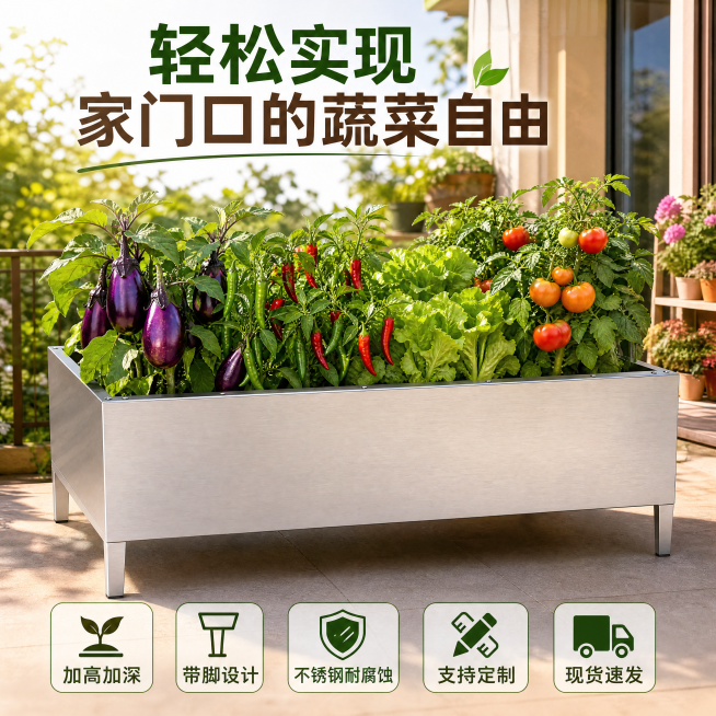 「图片1」还在担心外面买的菜不新鲜？
这款不锈钢种植箱，帮你在阳台 / 露台打造专属小菜园！，种菜更安心；加高加深箱体，茄子、辣椒、生菜、番茄都能种；带脚加高设计，不用弯腰就能打理，轻松实现家门口的蔬预览效果