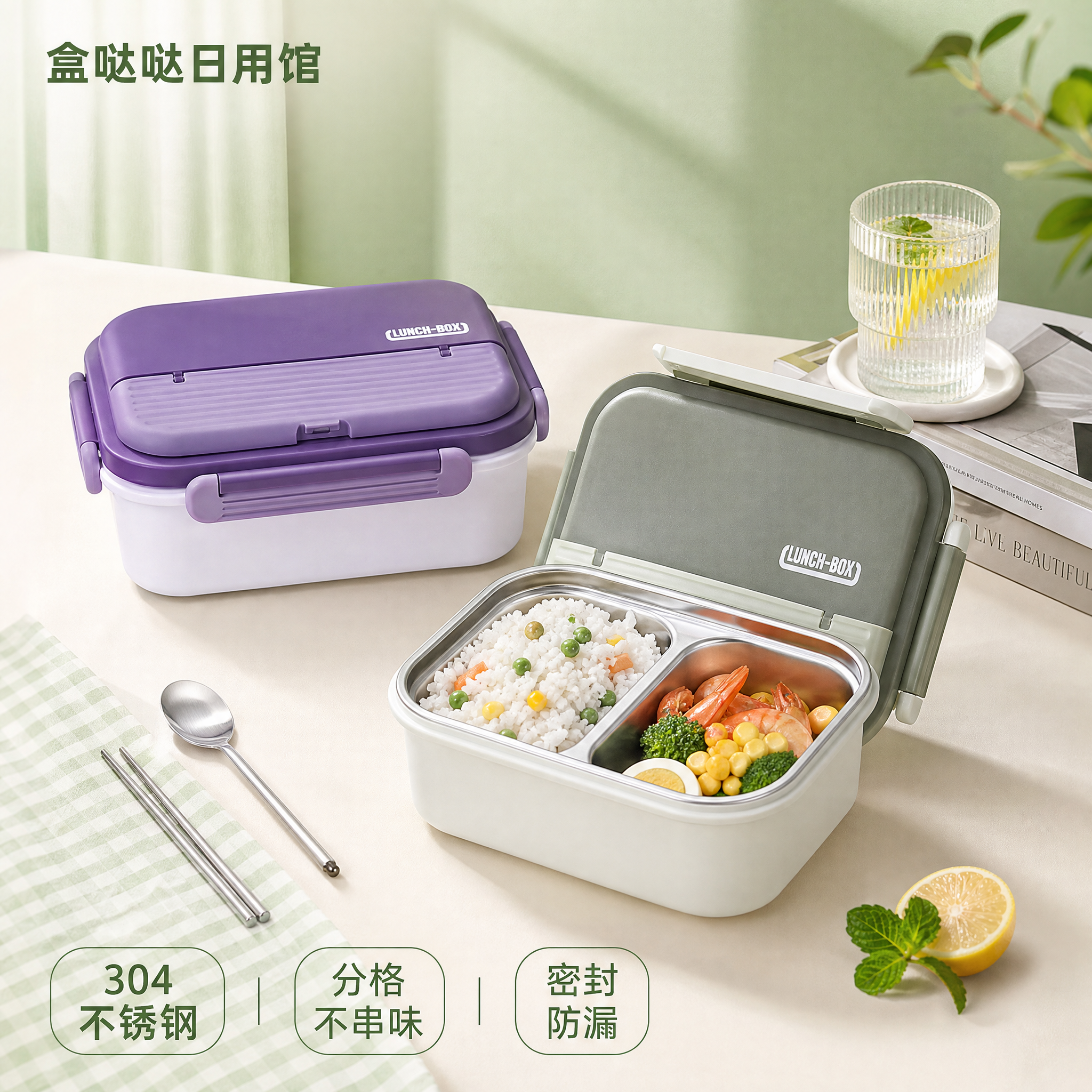 电商主图，304不锈钢分格饭盒，紫色和绿色两款饭盒摆放在温馨的… - 图片创意预览