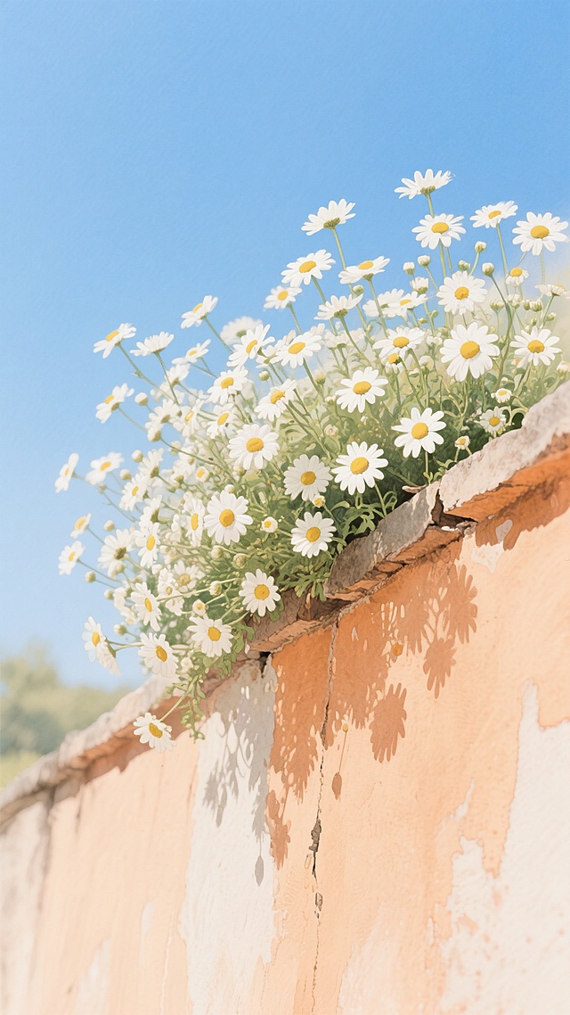阳光明媚的蓝天下，一堵浅橙色的旧墙，墙缝中生长着繁茂的白色雏菊花丛，花瓣边缘泛着柔和的光影，花朵在微风中轻轻摇曳，墙面上投射出花朵清晰的阴影，整体画面充满了自然清新的田园氛围。