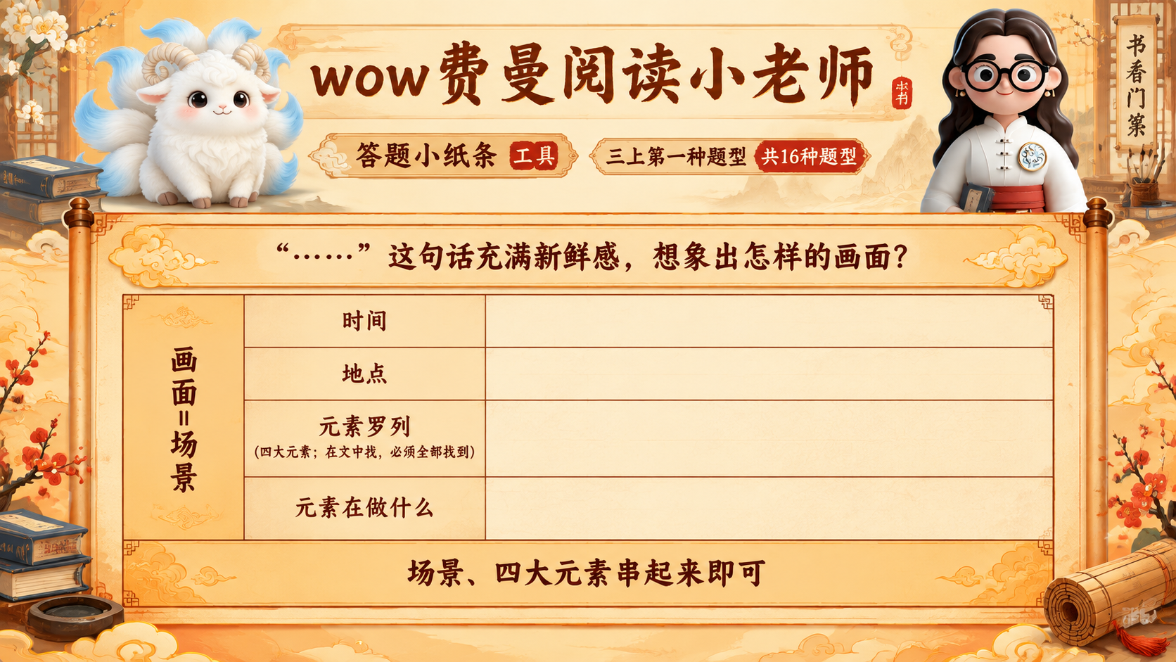 一张横版小学生语文阅读答题知识卡，书香门第国风风格，暖橙黄色系… - 图片创意预览