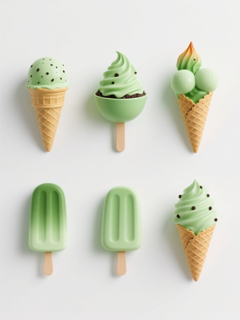 六个造型完全不同的绿色雪糕系列素材集合，每个雪糕都具有原图的绿色渐变色调、表面奶油质感和深色颗粒点缀，包含圆筒冰激凌、碗状冰激凌、夹心棒冰、火炬甜筒、双球甜筒和迷你蛋筒六种造型，在纯白色背景上呈规整排布，整体风格统一，每个雪糕细节清晰，具有真实的光影效果和立体感。预览效果