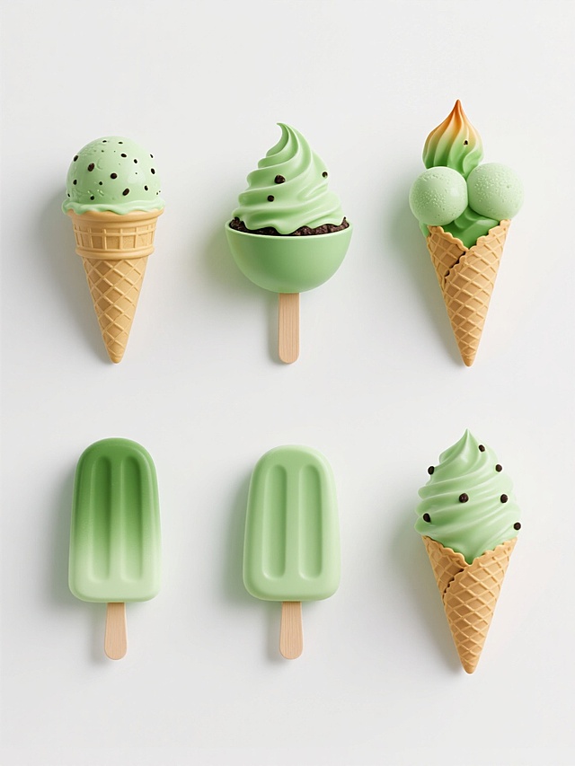 六个造型完全不同的绿色雪糕系列素材集合，每个雪糕都具有原图的绿色渐变色调、表面奶油质感和深色颗粒点缀，包含圆筒冰激凌、碗状冰激凌、夹心棒冰、火炬甜筒、双球甜筒和迷你蛋筒六种造型，在纯白色背景上呈规整排布，整体风格统一，每个雪糕细节清晰，具有真实的光影效果和立体感。
