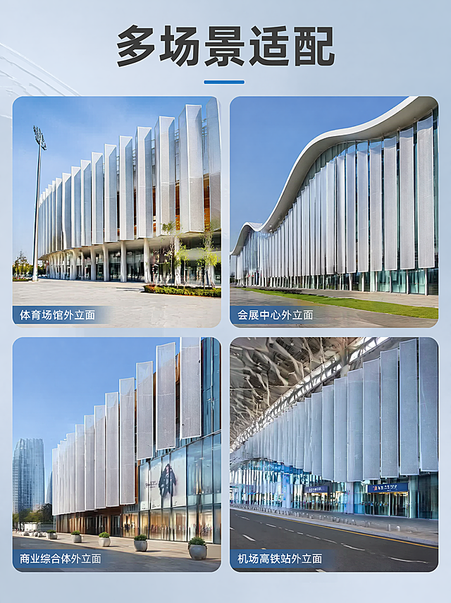 「图片1」，生成一套主图（6张），名称是PTFE网格织物膜幕墙，特点是透光透气｜自洁耐候｜A 级防火；轻量化异形外立面首选，长效低维护，打造城市通透建筑美学。适配体育场馆外立面、会展中心、商业综合体、机场高铁站、城市地标建筑、景观遮阳幕墙、高层通风外立面。