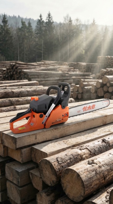 竖屏商品展示图，保持主体油锯物理结构不变，保持原图上的'伐木者'Logo和所有文字原样不改变，油锯放置在户外伐木场堆叠的木材堆上，工业户外风格，使用经典侧逆光勾勒轮廓，柔光补光照亮暗部细节，低饱和度中预览效果