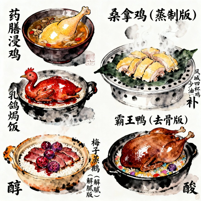 顺德养生年夜饭毛笔手绘菜卡设计指示
32款4.8cm×4.8cm冰箱贴系列
【整体设计理念与规范】
核心风格定位
艺术风格：中式写意毛笔手绘，融合工笔细节与写意神韵

美学基调：雅致、灵动、传神，保留预览效果
