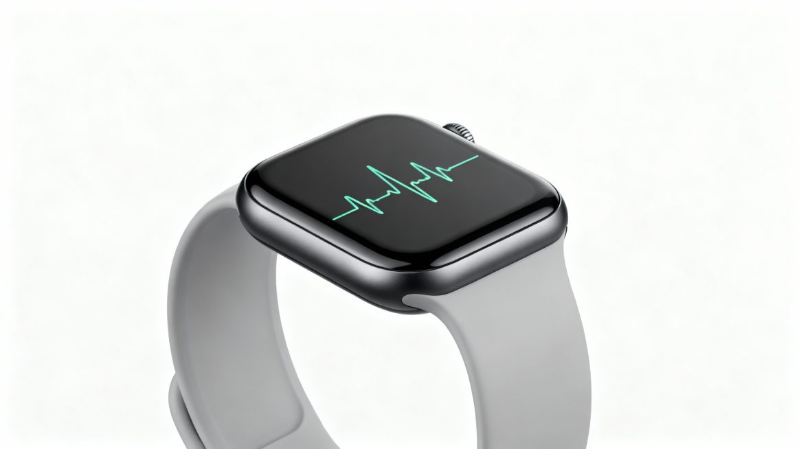 帮我生成智能手环产品概念图产品外观描述：智能手环产品概念图，极简主义，纯白色丙烯酸背景。手环主体为流线型深空灰哑光铝合金表壳，与淡灰色柔软硅胶表带无缝衔接。屏幕采用微曲面OLED全面屏，正显示着一条简预览效果