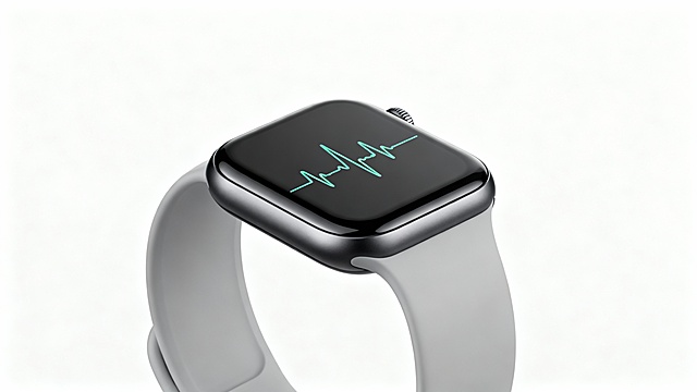 帮我生成智能手环产品概念图产品外观描述：智能手环产品概念图，极简主义，纯白色丙烯酸背景。手环主体为流线型深空灰哑光铝合金表壳，与淡灰色柔软硅胶表带无缝衔接。屏幕采用微曲面OLED全面屏，正显示着一条简洁的淡绿色心率波形图。产品设计纤薄、优雅，无可见按钮，体现出先进的科技感与宁静感。采用柔和的影棚灯光照明，形成细腻的阴影与高光，突出产品的精致质感。画面中央构图，焦点清晰，大量留白，超高细节，8K分辨率。