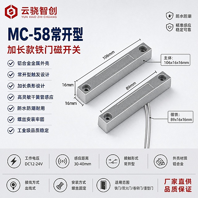 [单张主图] MC-58常开型有线铁门磁开关加长款，爆款促销感路线，同时承担点击、理解、信任、转化四个任务。产品名称文字优先凸显，产品外观严格保持原图不变，报警行业专业配色，排版克制高级，空白位置用产品优势文字填充，不留空白。
[画面主体] 画面中心偏右展示两款MC-58铁门磁开关产品（上方磁铁端、下方带灰色双引线的主体端），产品外观、结构、颜色、尺寸比例严格与输入原图一致，不得有任何变形扭曲。铝合金金属外壳的金属质感要真实体现，表面有细腻的磨砂喷砂纹理，长条形斜面截面造型准确还原，两端安装孔清晰。产品呈45度斜视角平行摆放，主体占画面约45%，底部有自然柔和的接触阴影。产品旁保留关键尺寸标注：主体长106mm 磁铁长89mm 宽16mm 高16mm，用细引线标注，清晰可读。
[构图版式] 采用左文右品标签参数型版式。左侧35%-40%区域放置主标题和卖点信息，右侧产品主体占50%-55%，底部通栏放置核心参数和服务信息，信息分区清晰，层级明确。左上角放置品牌LOGO。
[场景元素] 背景为柔和的浅灰白渐变棚拍背景，干净通透，有轻微产品投影体现立体感。左侧信息区用简洁的线条和图标辅助表达，不花哨。右侧产品周围空白处用产品优势短句填充。底部用一条浅灰色通栏承载参数信息。
[文案版式] 左上角：云骁智创红色LOGO（红色立体字+六边形图标，不扭曲变形）。左侧上部主标题：MC-58常开型（藏蓝色超大粗体字，最醒目，字号最大）。主标题下方副标题：加长款铁门磁开关（红色稍小字体）。副标题下方卖点列表，每行一个，配勾选图标：铝合金金属外壳 常开型触发设计 加长条形设计 高灵敏干簧管感应 防水防潮耐用 螺丝安装牢固 工业级品质稳定（藏蓝色字体，整齐排列）。右侧产品旁标注尺寸：主体106x16x16mm 磁铁89x16x16mm（深灰色小字，引线指向对应位置）。底部通栏参数：工作电压 DC12-24V 感应距离 30-40mm 接触形式 常开型 外壳材质 铝合金 接线方式 出线式 安装方式 螺丝固定 适用范围 铁门/防火门/卷帘门/重型门（深灰色小字，分两排排列，填满底部空白）。右下角补充：厂家直供 品质保证（红色强调）。所有文字清晰可读，不遮挡产品主体。
[光影质感] 柔和棚拍光，主光从左上45度照射，铝合金金属表面有均匀的金属光泽和细腻磨砂喷砂纹理，长条形斜面造型的光影过渡自然，双引线线材自然下垂，底部有自然柔和的接触阴影，整体干净通透，体现工业产品的精密质感和金属品质。
[配色字体] 背景浅灰白渐变，主标题藏蓝色粗黑体，辅助文字深灰色，强调色报警行业标准红色，字体全部为无衬线黑体，字重对比明确，主标题最大最粗，辅助文字缩小50%以上。整体色调克制高级，杜绝深色单一颜色和过于彩色的配色。
[比例分辨率] 1:1正方形，2K分辨率，文字清晰锐利，产品清晰不变形。
[负向提示词] 产品变形扭曲、颜色失真、文字模糊、杂乱背景、水印、淘宝天猫LOGO、深色压抑背景、过于鲜艳的彩色、产品结构错误、尺寸标注错乱、空白区域过多、金属质感失真、长条形造型错误。