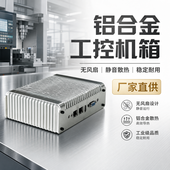 铝合金工控机箱，突出无风扇静音设计卖点，工业质感，工厂实力风，1688平台电商主图预览效果