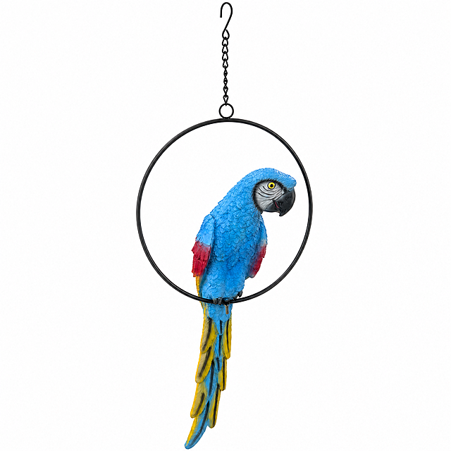 [主图-1] Iron ring blue hyacinth macaw hanging decoration, full product presentation on pure white background. Business photography style, professional, compliant, product subject accounts for more than 85% of the frame, no text or marketing information. Maintain the original appearance, color, material texture of the product completely consistent with the input image, no deformation or chromatic aberration. Soft and uniform studio light, clear product details, 4K resolution, 1:1 square, high definition. Negative prompt: deformation, watermark, text clutter, blurred product image, messy background.
