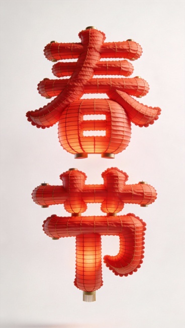 “Greg Rutkowski风格3D灯笼字“春节”，每笔皆由精细红色灯笼纹理构成，原研哉式极简纯色背景，纵向居中正视图，灯笼纹理边缘柔化处理，光影层次丰富，OC渲染，16K超高清，细节拉满的精致质感预览效果