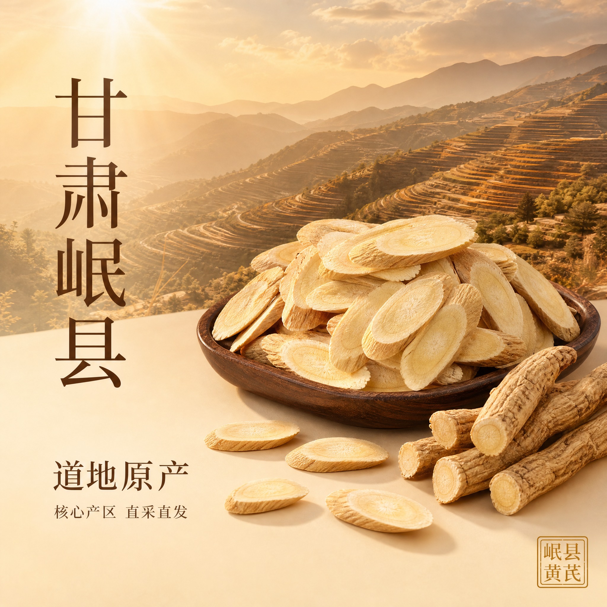 [主图-4] 黄芪片产地场景图，背景加入甘肃岷县梯田山景，画面… - 图片创意预览