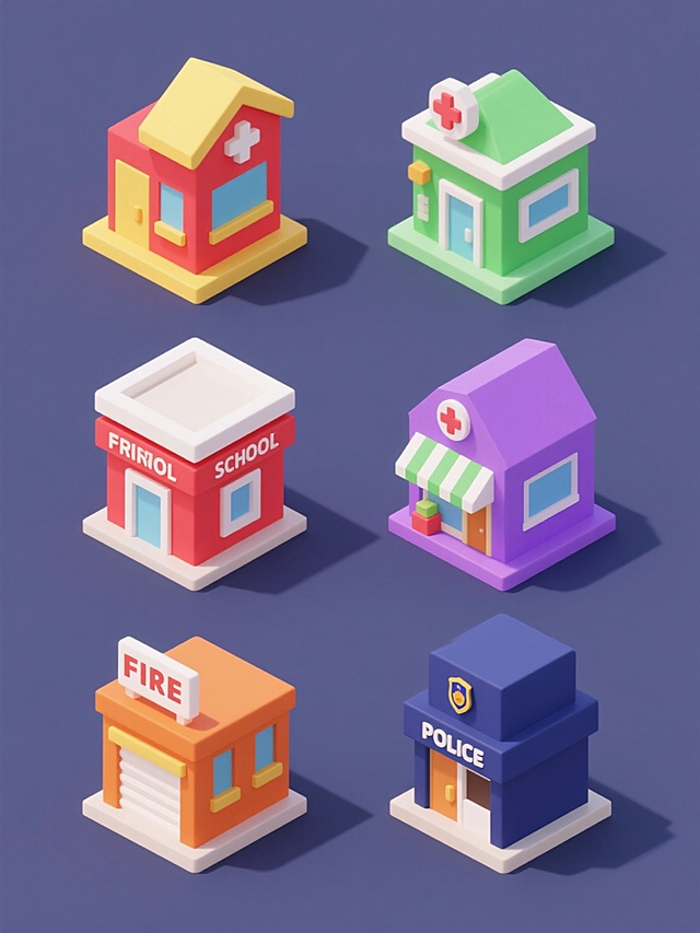 3D卡通风格建筑系列图标，保持简约低多边形设计，圆角处理，柔和阴影，纯色背景，每个建筑拥有独特鲜明的整体色调（如红色系、黄色系、绿色系、紫色系、橙色系、深蓝色系），包含6个不同类型的建筑物（如医院、学校、商店、消防站、警察局、图书馆），每个建筑保留同类目特征元素，所有建筑图标等大规整排列，形成视觉统一的系列素材集合。