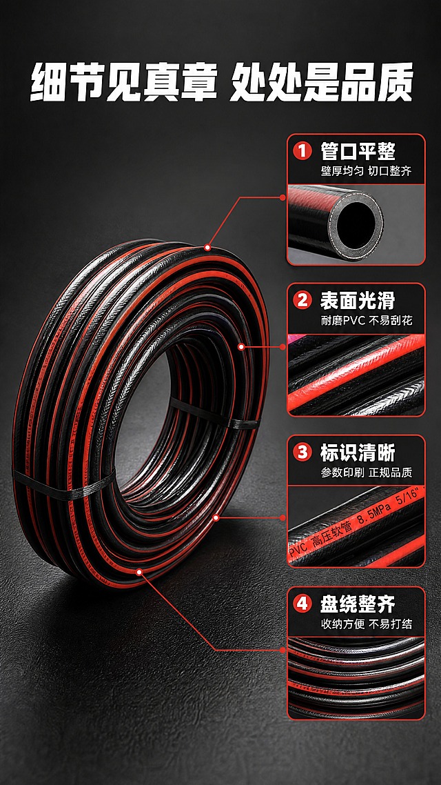 [商品] 使用【图1】黑红条纹PVC高压软管；保留管材整体外观和颜色，主图为整卷软管的斜视角，4个细节放大框从主图不同位置引出，分别展示：①管口切面（壁厚均匀）②表面纹理（光滑耐磨）③条纹标识（清晰印刷）④盘绕工艺（整齐紧密）。
[画面] 页面目标：细节微距展示，体现做工精细度；构图：左侧大主图+右侧4个细节放大框上下排列，或上方主图+下方2×2细节宫格；主体位置：画面左上部；主体占比：约45%；摆放角度：斜45度俯视整卷；景别：中景+微距特写结合；阅读动线：从主图经引线到各细节框；前中后景：前景主图产品、中景细节放大框、后景深灰背景；场景：工业影棚深色台面，细节框悬浮排列。
[视觉] 套系策略：风格=拼多多工业风硬核商业摄影；标题字=粗黑无衬线黑体（超粗）；正文字=常规无衬线黑体；主色=深黑+正红；背景延展=深灰渐变背景，带细微颗粒质感；强调色=亮红色，用于放大框边框和引线；标题色=白色；正文色=浅灰色；组件=红色圆角放大框、红色引线、白色细节标题；光影=主图侧光突出质感，细节框均匀打光。
[文字] 顶部主标题「细节见真章 处处是品质」（9字，白色粗体），4个细节框各配标题+小字说明：①「管口平整」壁厚均匀 切口整齐②「表面光滑」耐磨PVC 不易刮花③「标识清晰」参数印刷 正规品质④「盘绕整齐」收纳方便 不易打结；全部文字横排。
[规格] 图片比例9:16竖版，4K分辨率，负向提示：避免变形、错字、文字过小、竖排文字、细节模糊、拼多多logo、连续同构。