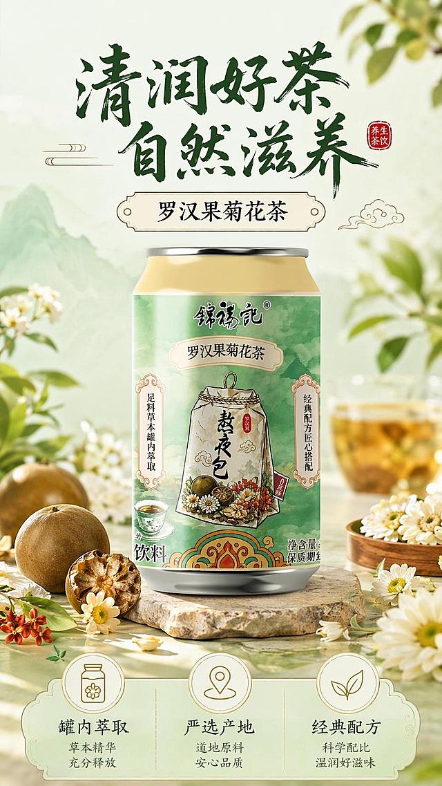 [第1屏] 详情页头图-罗汉果菊花茶养生茶饮宣传海报。本屏使用【图1】作为商品主体。
[氛围/风格] 国风草本养生风格，清新自然氛围感，商业摄影质感，贴合传统茶饮调性。
[元素布局] 产品置于画面中央偏上位置，占比约70%；周围环绕罗汉果、菊花等新鲜草本原料作为装饰；保留产品罐身结构、包装文字、颜色与输入产品图完全一致，标题区置于上方，信息条置于底部。
[光影质感] 顶部柔和漫射光，底部自然投影，罐身金属光泽清晰，整体明亮通透，突出产品质感。
[配色色系] 全局底色 #F0F7EE，主色浅绿清新配色，辅助色原木棕、米白底色。
[视角构图] 正面平视视角，产品为绝对视觉中心，阅读动线从上至下，层次清晰。
[文字版式] 版式为上标题 + 中产品 + 下卖点。主标题「清润好茶 自然滋养」，副标题「罗汉果菊花茶」，采用温润书法风格字体；底部三个信息点分别为「罐内萃取」「严选产地」「经典配方」，圆角色块标签点缀，文字不遮挡产品主体，清晰可读。
[比例分辨率] 9:16 竖版比例，4K分辨率，文字清晰可辨，高清画质。
[负向提示词] 罐身变形，包装文字错乱，颜色偏差，缺件错件，水印，文字过小，背景杂乱