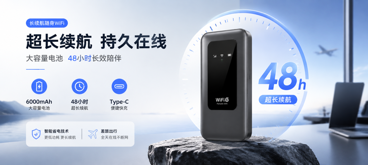 随身WiFi电商海报轮播图，展示续航持久卖点，简洁商务风格，突出长续航优势，适合轮播展示预览效果