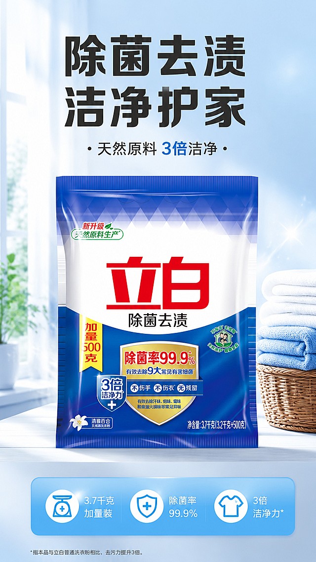 [第1屏] 详情页头图-立白除菌去渍洗衣粉主视觉海报，本屏使用【图1】作为商品主体。
[氛围/风格] 清爽家居风，蓝白渐变干净背景，明亮通透，商业摄影质感。
[元素布局] 商品包装主体居中放置，占画面约65%；顶部大标题区，底部浅蓝装饰信息条；产品包装结构、文字、颜色与输入产品图保持完全一致。
[光影质感] 顶侧柔光打亮商品，底部自然柔和投影，整体明暗均匀清晰，突出包装袋质感。
[配色色系] 全局底色 #F0F5FA；主色：品牌蓝 #0047AB，辅助色：红色品牌logo，白色背景提亮。
[视角构图] 正面平视视角，商品绝对主体，阅读动线从上到下，清晰自然。
[文字版式] 顶部主标题「除菌去渍 洁净护家」粗黑体，副标题「天然原料 3倍洁净」小字补充；底部信息条标注「3.7千克加量装」；所有文字不遮挡产品主体，清晰可读。
[比例分辨率] 9:16竖版比例，4K分辨率，高清画质，文字清晰可辨。
[负向提示词] 包装变形，缺件错件，颜色偏差，文字错乱，产品图模糊，水印，极限词，违规内容