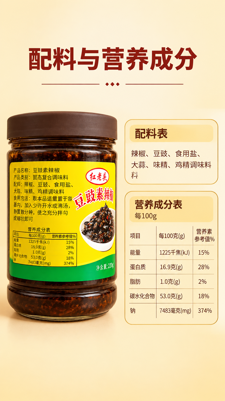 [商品] 使用【图2】红老头豆豉素辣椒220g玻璃瓶装背面/侧… - 图片创意预览