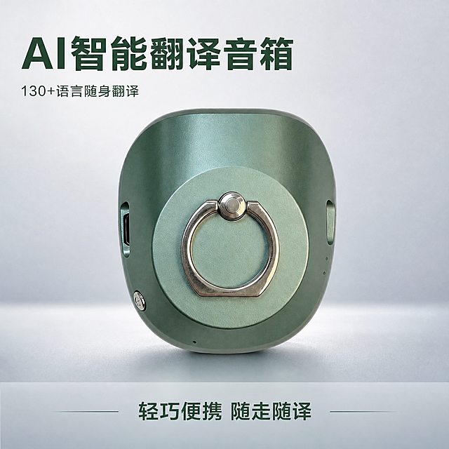 [主图-1] AI智能翻译音箱首图展示；氛围风格：简约高级科技风，专业数码产品质感；画质：商业摄影质感、光线柔和通透、产品清晰真实、画面干净高级；元素：保持浅绿色款式AI智能翻译音箱外观（物理结构、材质质感、颜色）与输入产品图绝对一致，杜绝任何变形和色差，精细化处理。音箱放置画面中心，商品主体占比约70%，背景为渐变浅灰科技感背景，纯净简洁。保持金属指环扣细节清晰，接口位置准确。光影：主光源从正面偏上方打来，形成柔和立体感，金属件有自然高光反射，暗部干净有层次；配色：浅灰渐变背景，搭配产品本身的浅绿和金属银色，对比清新高级；视角构图：平视正面视角，产品居中，景深适中，轮廓完整；文字版式：左上角负空间左对齐，大字文案“AI智能翻译音箱”，深绿色粗体无衬线；下方辅助短句“130+语言随身翻译”，字号缩小一半，同色系。底部半透明渐变蒙层，短句“轻巧便携 随走随译”居中；比例分辨率：1:1比例，2048*2048分辨率，文字清晰锐利，超高清；负向提示词：变形，文字错乱，产品图模糊，背景杂乱，水印，电商平台Logo