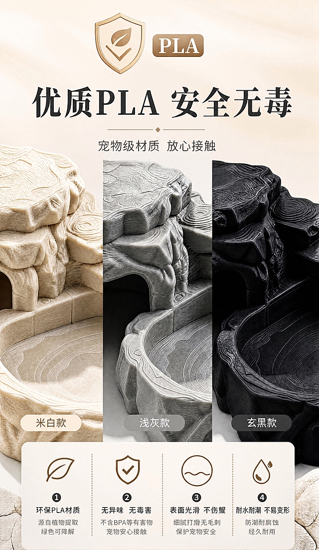 增强图中三款产品（米白款、浅灰款、玄黑款）顶部晒台的岩石纹理，使每款的层理纹路更深邃、凹凸肌理更分明，光影在纹理沟壑间形成更明显的明暗层次，岩石质感更逼真清晰。三款产品的结构、颜色、场景、所有文字排版和图标均保持不变。