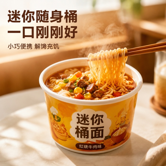 [主图-1] 迷你方便面产品场景首图，展示冲泡好的迷你桶面诱人食欲。
[氛围风格] 温馨餐桌食欲风，真实自然生活感；
[画质] 商业食品摄影质感，光线柔和通透，产品清晰真实，画面干净高级，超高清。
[预览效果