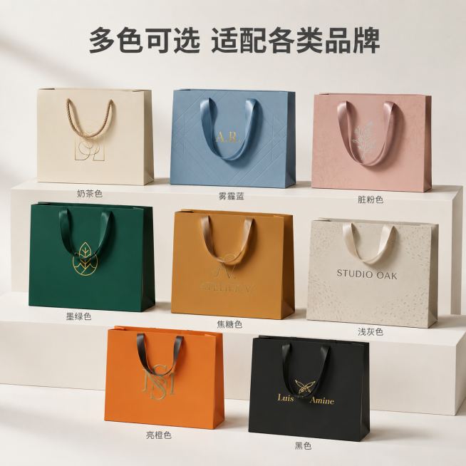 「图片1」「图片1」「图片1」「图片1」，生成一套主图（4张），商品名称是手提袋，卖点是ins 莫兰迪色系 高级感拉满 2. 烫金工艺 质感出众 3. 多色可选 适配各类品牌 4. 加厚牛皮纸 承重抗预览效果