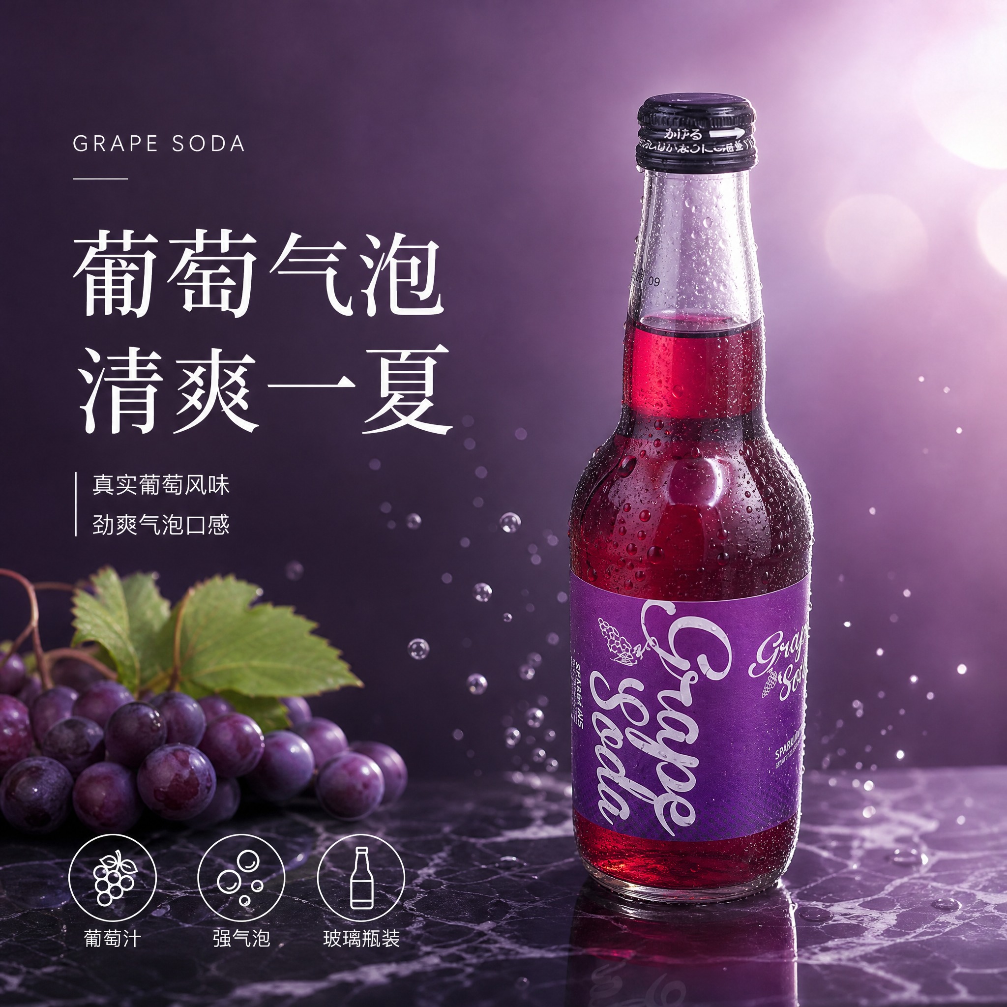 [单张主图] 葡萄味苏打汽水电商主图，高级氛围感路线，突出葡萄… - 图片创意预览