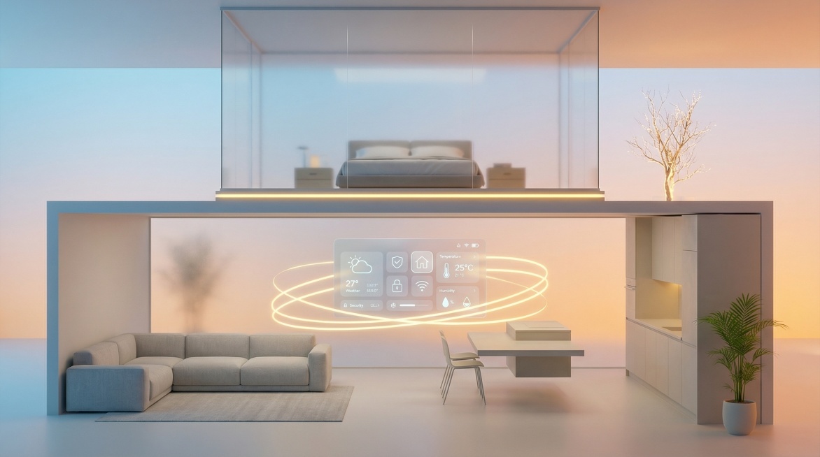 这是一个极具未来感的双层智能家居空间，采用横向对称构图，整体为极简主义设计风格。上层是全透明玻璃围合的睡眠区，摆放着一张简约双人床与两侧床头柜，底部嵌入暖黄色氛围灯带；下层是开放式客餐厨一体化空间，左预览效果