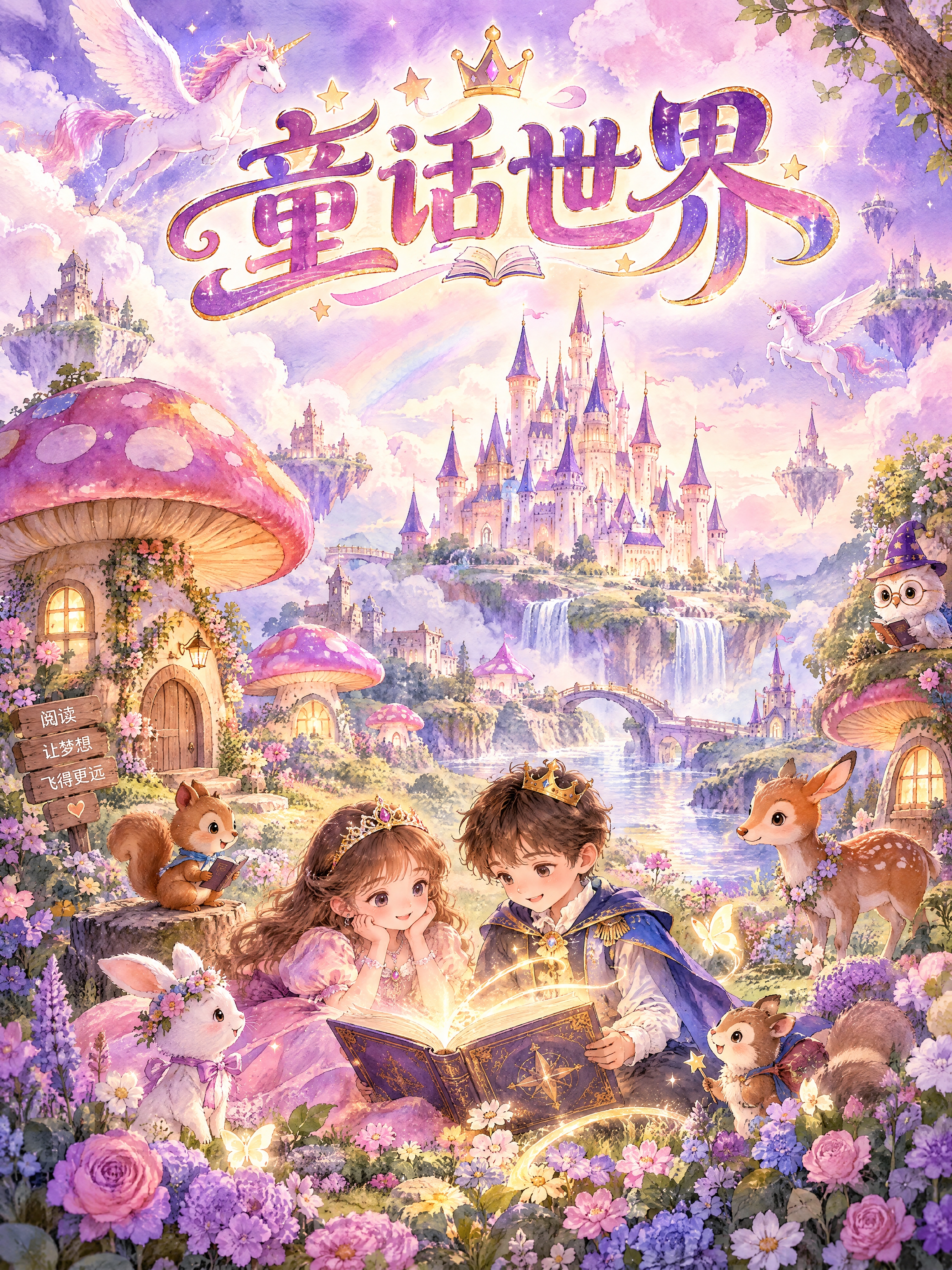校园文化墙阅读板块封面——童话世界。画面展现梦幻的童话王国场景… - 图片创意预览