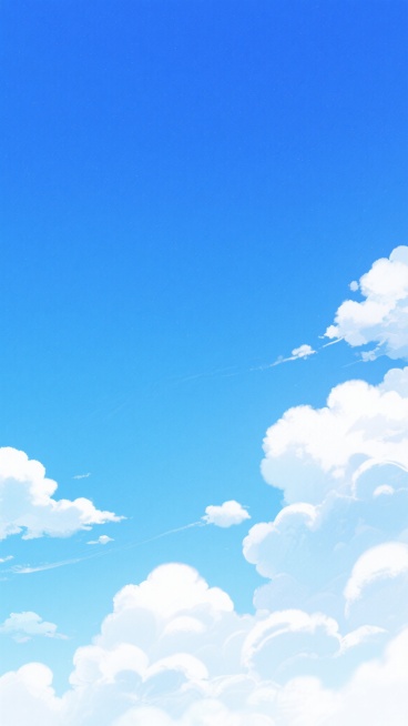 高清动漫风格蓝天背景，画面整体呈现明亮通透的视觉效果，上方是纯净的宝蓝色天空，由上至下颜色逐渐过渡为轻盈的浅蓝，右下角、中部及底部点缀着形态各异的蓬松白云，云朵边缘柔和虚化，呈现出棉花糖般的质感，整体氛围清新治愈，充满宁静美好的夏日气息。预览效果
